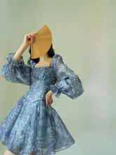 フレンチブルー印花のウエスト絞りマリンリゾートミニワンピース（セットアップ対応）