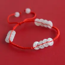 天然翡翠玉を使用した赤い紐の足首アクセサリー【手編み・平安扣デザイン】