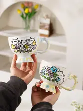 花柄の陶器マグカップ【可愛い猫デザイン・女性用・朝食・コーヒー・ギフト用】