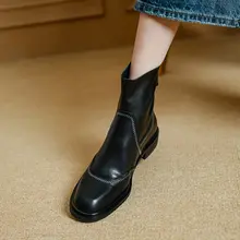 ブラウンレトロ本革ショートブーツ【粗いヒール・秋用・洗い加工】