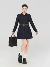 ポロ襟デザインのプリーツワンピース【春用・長袖・ウエスト絞り・大きいサイズ対応】