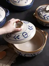 高温耐性 手描き土製陶器炊飯鍋【和風・煮込み料理用・レトロデザイン】