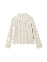 杏色ドット柄ハイネック袖付きTシャツ【レディース・ギャザー付き・秋用・インナー】