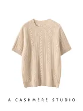 シンプルデザインの半袖ニットトップス【100%カシミヤ・ラウンドネック・秋冬用】