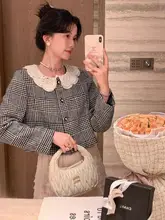 小香風チェック柄ショートコート【フリルカラー・秋用】