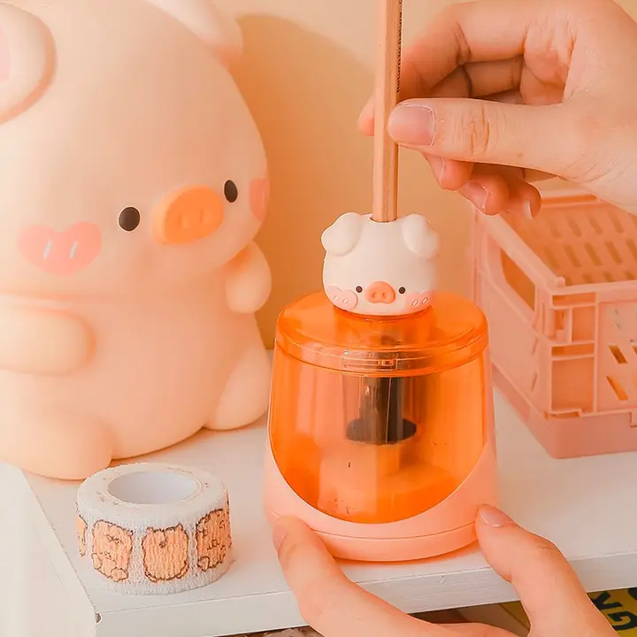 文房具セット 電動鉛筆削り 消しゴム 修正テープ ドットライナー 携帯用 可愛い ピッグデザイン キッズ 男の子 女の子 学生用