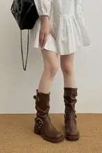 ブラウン レディース 中筒 マーチンブーツ【ヴィンテージ風・バックル付き・春秋用】