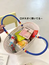 バスケット 収納かご 手提げ 編み込み メッシュ ビビッドカラー スーパー 買い物 ピクニック おやつ入れ