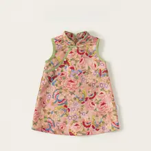 夏用 中華風子供用ノースリーブワンピース【花柄・背面ボタンデザイン・気品ある旗袍スタイル】（セットアップ対応）