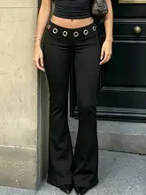 ダークパンクスタイルのブラック低ウエストパンツ【金属ボタン・スリムフィット・フレアカット】