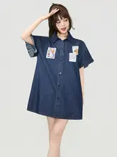 ヴィンテージ風ポロ襟デニムワンピース【夏用・華やかなリボン・ゆったりシルエット】