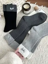 リボンデザイン中筒ソックス【秋冬用・グレー・純綿】