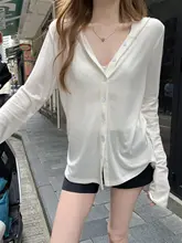 白色フード付き日焼け防止カーディガン【薄手・夏用・ゆったり・ボタン付き・長袖】