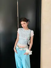 春夏向けブルーメッシュ半袖シャツ【タイトフィット・デザイン性あり】とストレートカーゴパンツ【個性的・絶妙なスタイル】（セットアップ対応）
