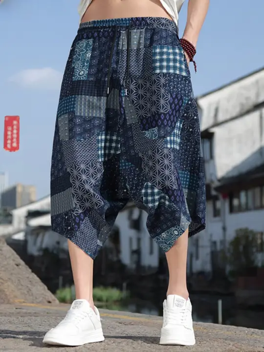 中国風印花 七分丈ワイドパンツ【ネパールスタイル・夏用・フィット】（セットアップ対応）