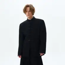 黒色立ち襟カジュアルジャケット【メンズ・春用・シンプルデザイン】