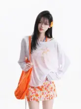 2点セット レディース キャミソール シアートップス 長袖 カラーブロック プリント 透け感 ガーリー リゾート 夏