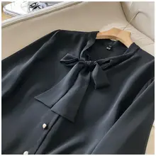 リボン付きカジュアル長袖ブラウス【春秋向け・大きいサイズ・シフォン素材】