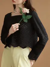 黒のレース刺繍バンドカラー長袖ブラウス【女性用・フレンチスタイル・エレガントデザイン】