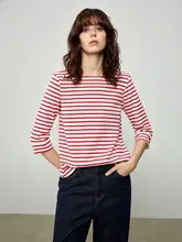 シンプルな七分袖ストライプTシ  ャツ【春用・フランス風・オフショルダー】