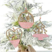 可愛いデザインのクリスマスツリー装飾用木製五角星【ピンク・ハート型サンタ付き】