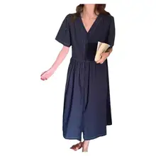 中長丈ドレス 夏 夏の フランス風 エレガント Vネック ボタン付き 明線デザイン ゆったり ショートスリーブ