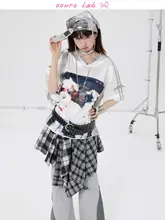 半袖トップス ユニセックス 光沢ジャージ メッシュ 切り替え 遊び心プリント オーバーサイズ ルーズ 夏 「OOURSLAB」