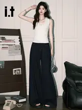 深い青色の梨型ワイドレッグデニムパンツ【ハイウエスト・カジュアル・レトロ】