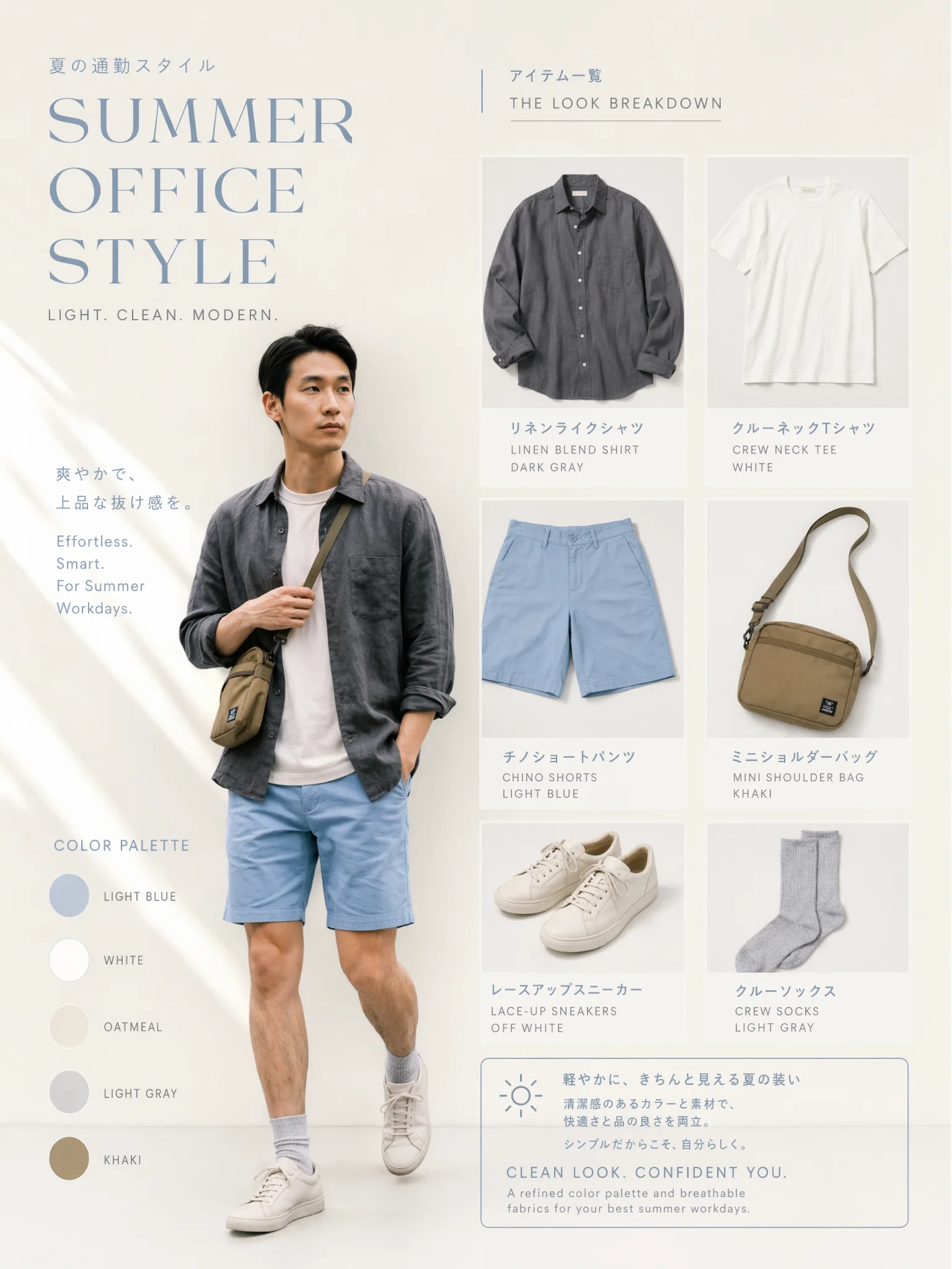 白のクルーネックTシャツ、グレーの立ち襟ジャケット、ライトグレーのリブソックス、白のスニーカー、カーキのショルダーバッグを合わせたコーディネート