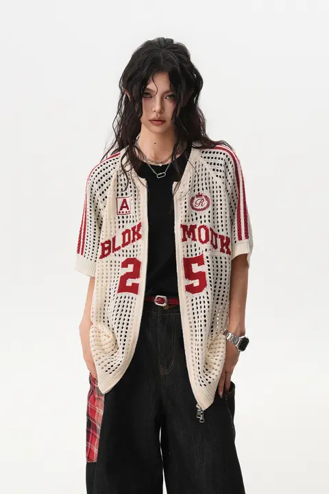 涼感メッシュ編みカーディガン【男女兼用・短袖・アメリカンレトロ・スポーツ風・カップルTシャツ】