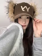 コーデュロイとファーのY字刺繍キャップ【秋冬用・防寒・厚手】