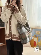 加厚レトロチェックデザインのショルダートートバッグ【クリスマス・新年向け・学生用】