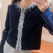 シルクベルベットビジュー装飾の短いジャケットとフィットしたプリーツスカート【秋用・セットアップ対応 】