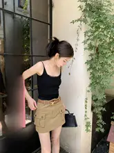 YUZUQI カーキ色 アメリカンレトロデザイン ハイウエスト スカート【ポケット付き・タイトシルエット・Aライン】