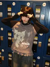 Y2K風かわいいカートゥーンプリントのバイカラーカジュアル長袖Tシャツ【ルーズフィット・スリーブデザイ ン】