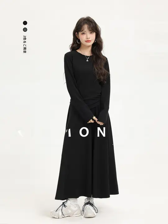 クルーネックTシャツ スカート 2点セット レディース ウエストマーク ドレープ感 シンプル きれいめ 上品 秋「XinmonLee」