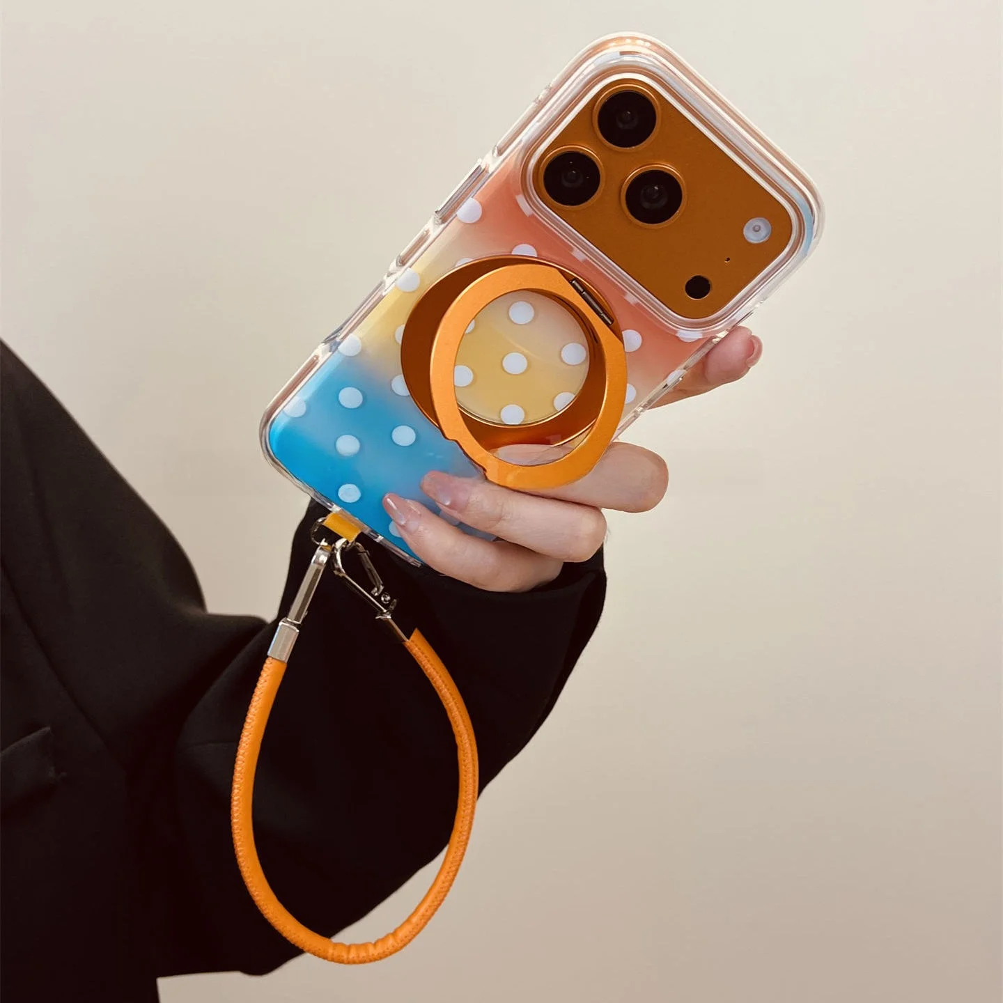 カラフルドットデザインの回転式スマホスタンド：iPhone用の高級感と小众スタイルを実現