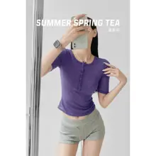 夏用 薄手Vネック五分袖Tシャツ【女性用・ボタンデザイン・タイトフィット】