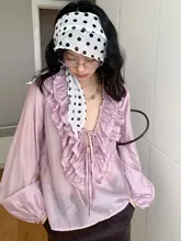春用フリル付きVネックタイブラウス【透け感あり・ルーズフィット・長袖】