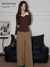 女性用 秋冬向けヴィンテージ風ストレートワイドパンツ【ハイウエスト・細見え効果】（セットアップ対応）