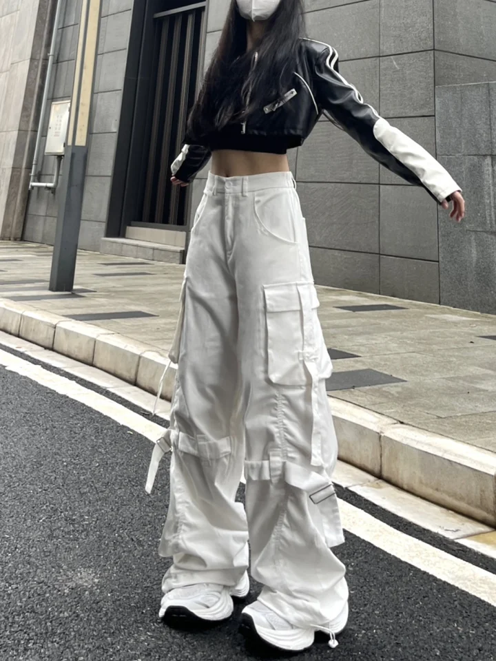 ユニセックス ストリートダンス用 ワイドレッグカーゴパンツ【レッド・機能的束脚デザイン】