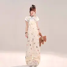 可愛らしいデザイン！デニムサロペットパンツ【夏用・ストレート・ワイドレッグ・小柄向け】（セットアップ対応）