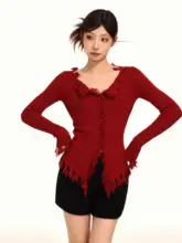 レトロVネックニットカーディガン【女性用・春秋・フィットデザイン・ウエストシェイプ・長袖】