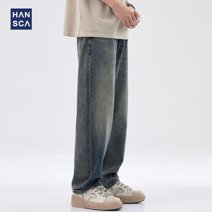 hansca メンズ夏用ヴィンテージウォッシュデニムパンツ【直筒・ゆったり・高級ブランド】
