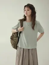 北岛AMUU ラウンドネック ゆったりフィット 無地 半袖Tシャツ レディース 夏用 シンプルカジュアル
