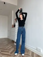 ジーンズ ハイウエスト スリム ストレート ストレッチ 快適 ダークブルー レトロ