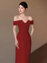エレガントなワンショルダー結婚式ドレス【ボルドー・新婦用・晩餐会・お祝い服】