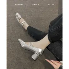 羊皮製 マリージェン ハイヒール【春秋用・スクエアトゥ・中ヒール・シルバー】