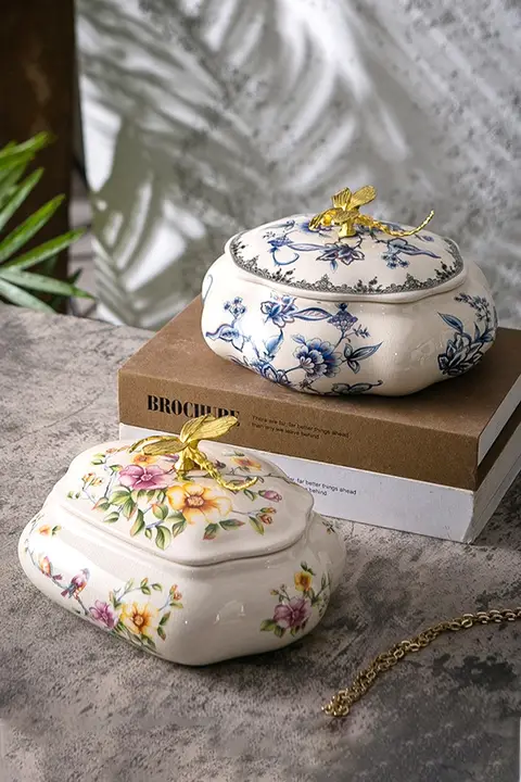 収納缶 ジュエリーボックス インテリア オブジェ アメリカンレトロ 陶器 トンボ