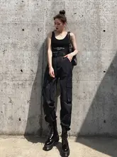 高腰ワイドカーゴパンツ【女性用・ブラック・秋冬・ルーズフィット・ストレートレッグ】